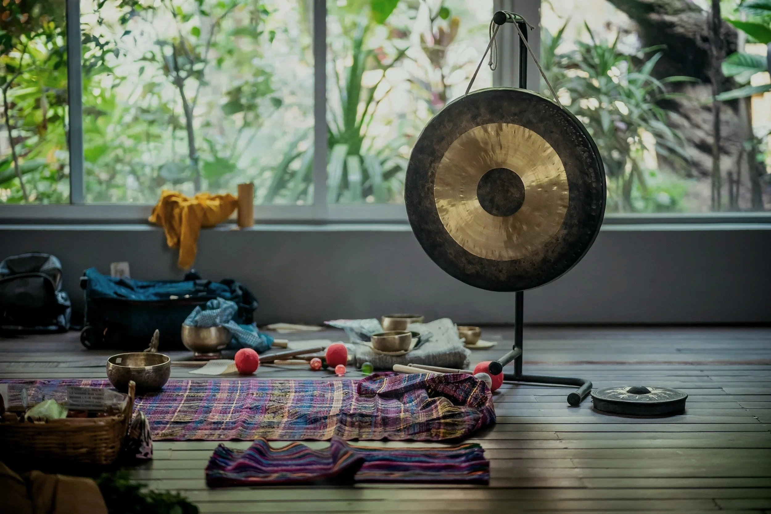Meditation or yoga space with a large gong, several bowls, a mat, and other items, in front of a window with greenery outside.