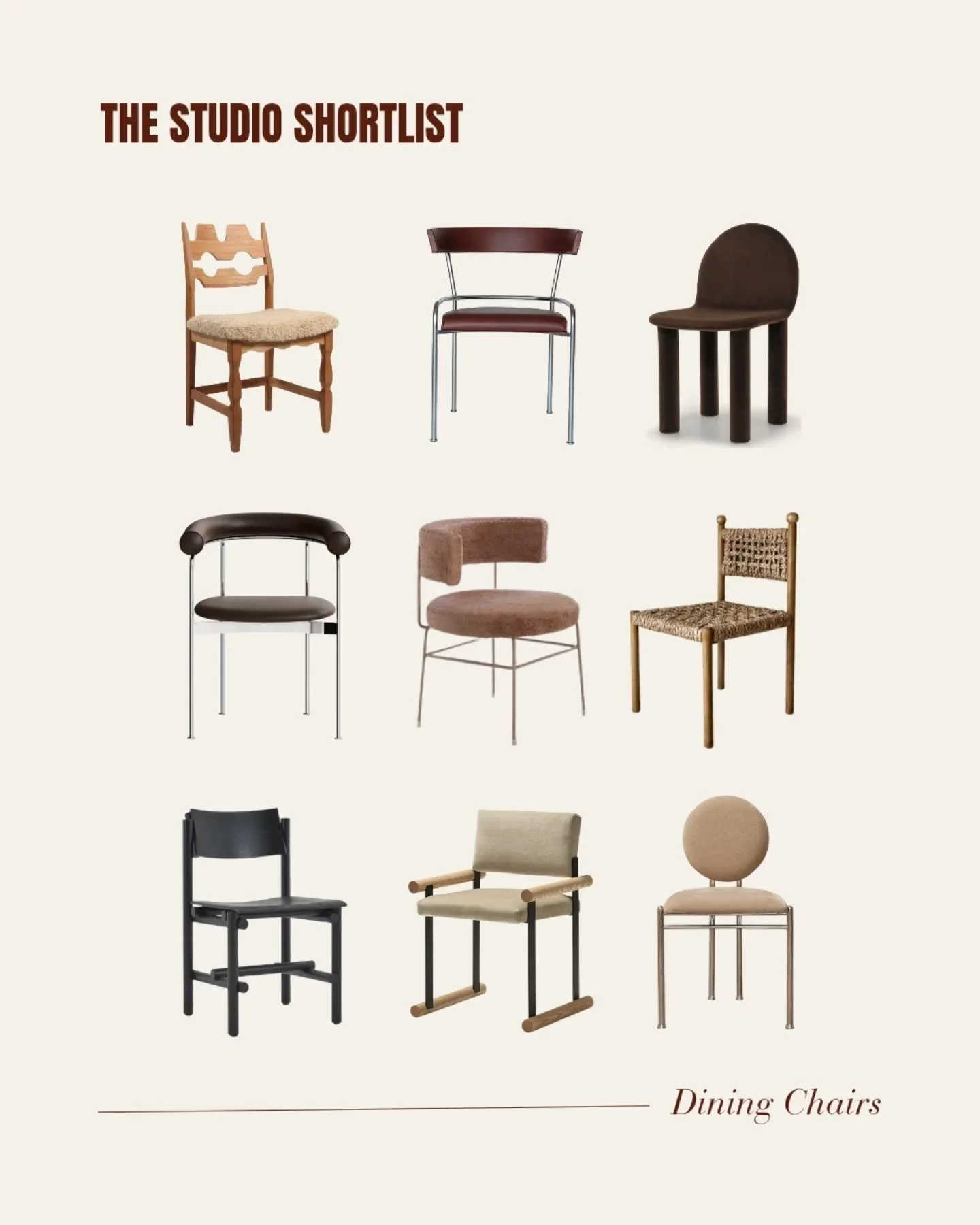 THE STUDIO SHORTLIST | Dining Chairs

Chair 1 - Henning Kj&aelig;rnulf Razorblade chairs @1stdibs 
Chair 2 - GA-1 Chair @greatdanefurniture
Chair 3 - Arch Dining Chair @ellisonstudios
Chair 4 - Contemporary Chair 'BAIA' by Kensaku Oshiro x DK3 @1stdi
