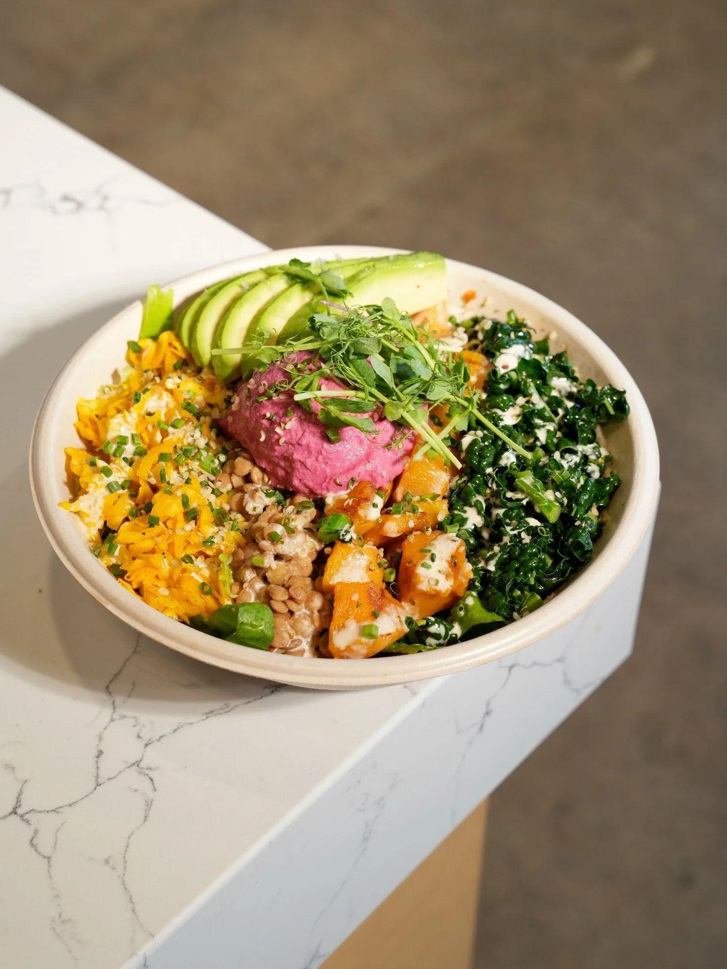 Macro Bowl at VIBE 
&bull; Roasted butternut squash, steamed kale, avocado, black lentils, beet hummus, golden kraut, tahini drizzle, hemp seeds, and micro greens. 

Balanced, satisfying, and made to fuel your day.