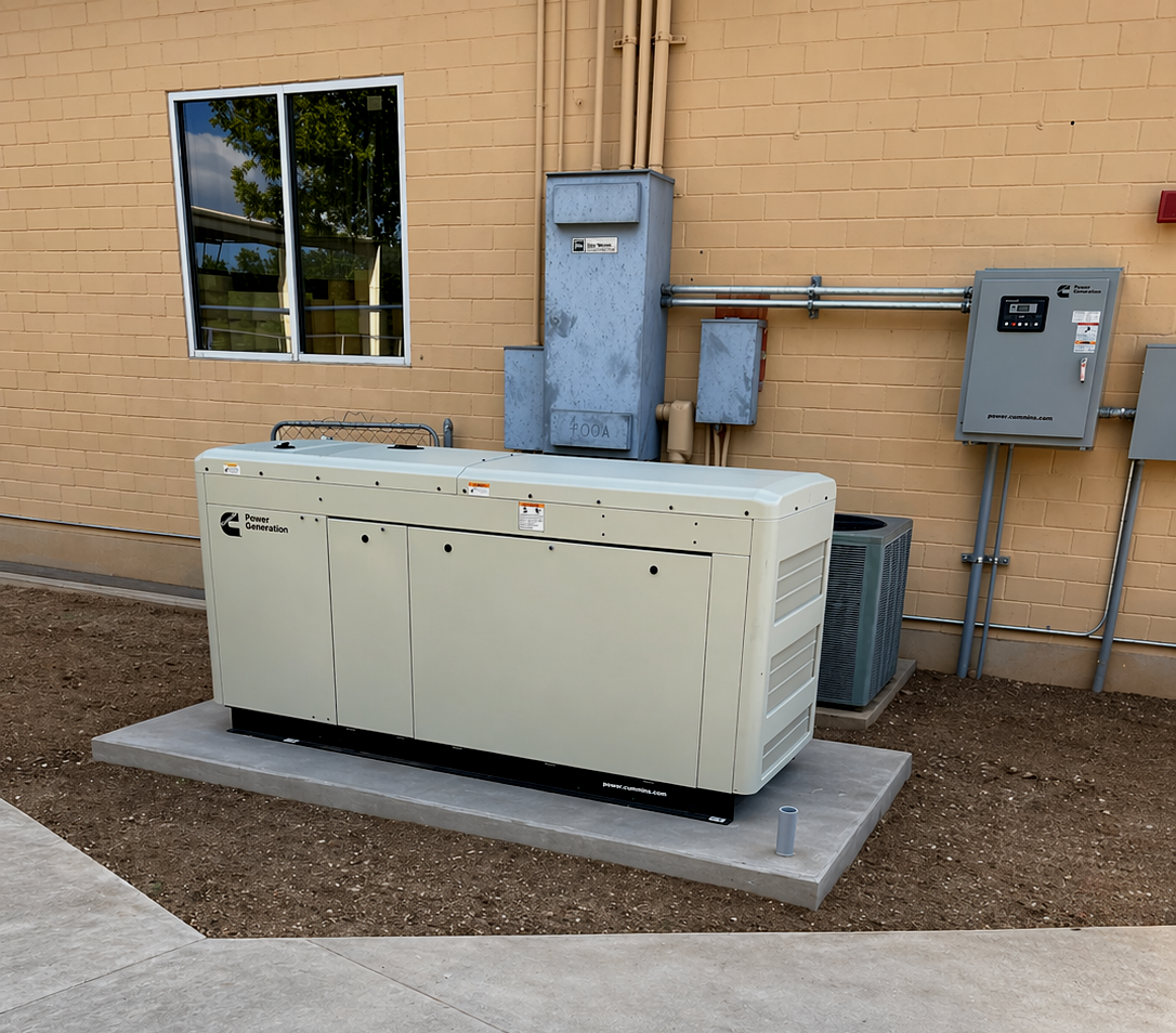 An outdoor electrical power generator installed on a concrete pad beside a brick building.