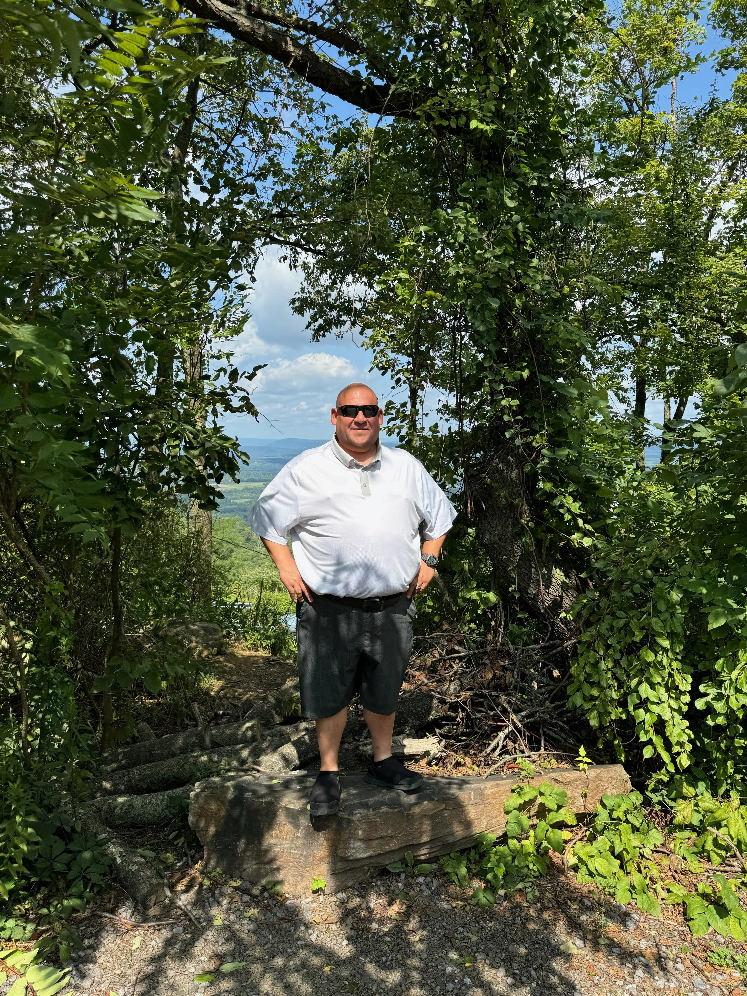 Man standing outdoors on a large rock, surrounded by green trees and leaves, with a blue sky and clouds in the background.