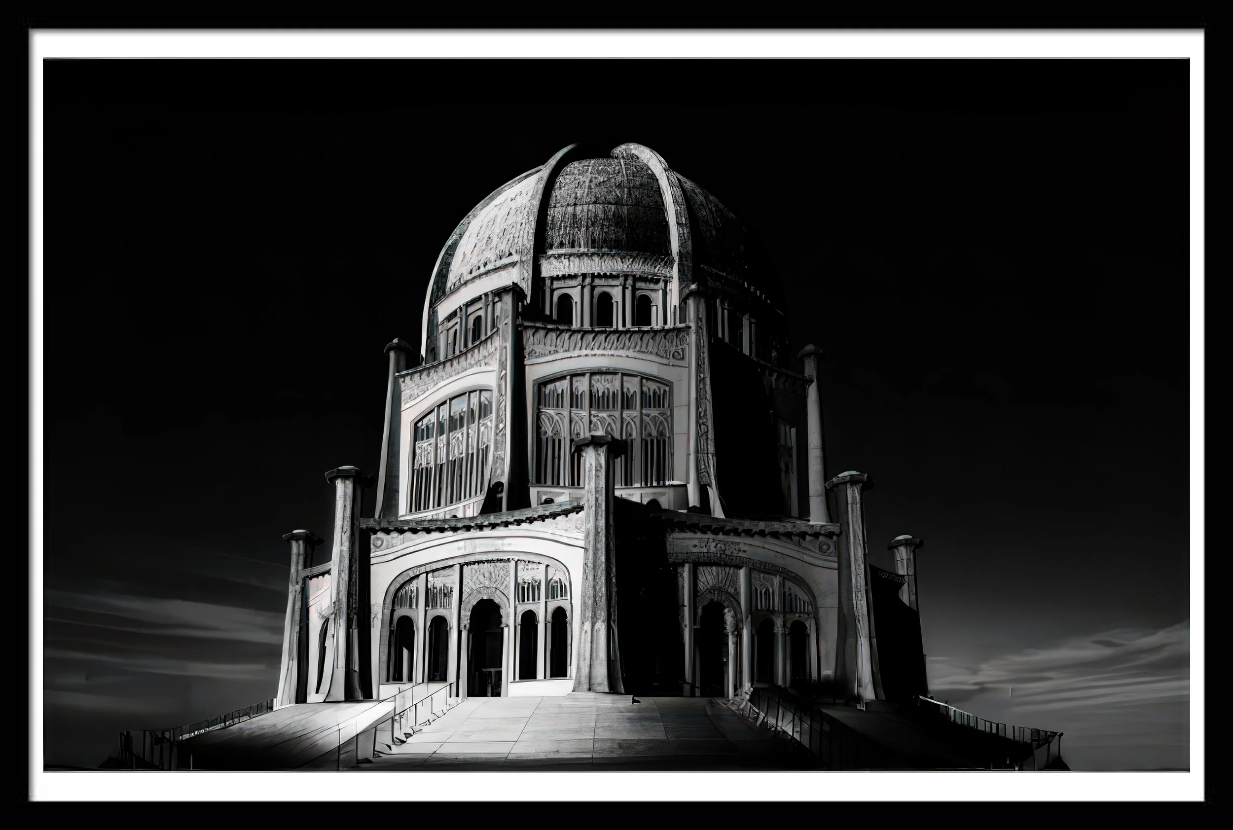 Fine art black and white architectural photograph of the Bahá’í House of Worship in Wilmette, Illinois, photographed at night with dramatic lighting, strong contrast, and symmetrical design.”