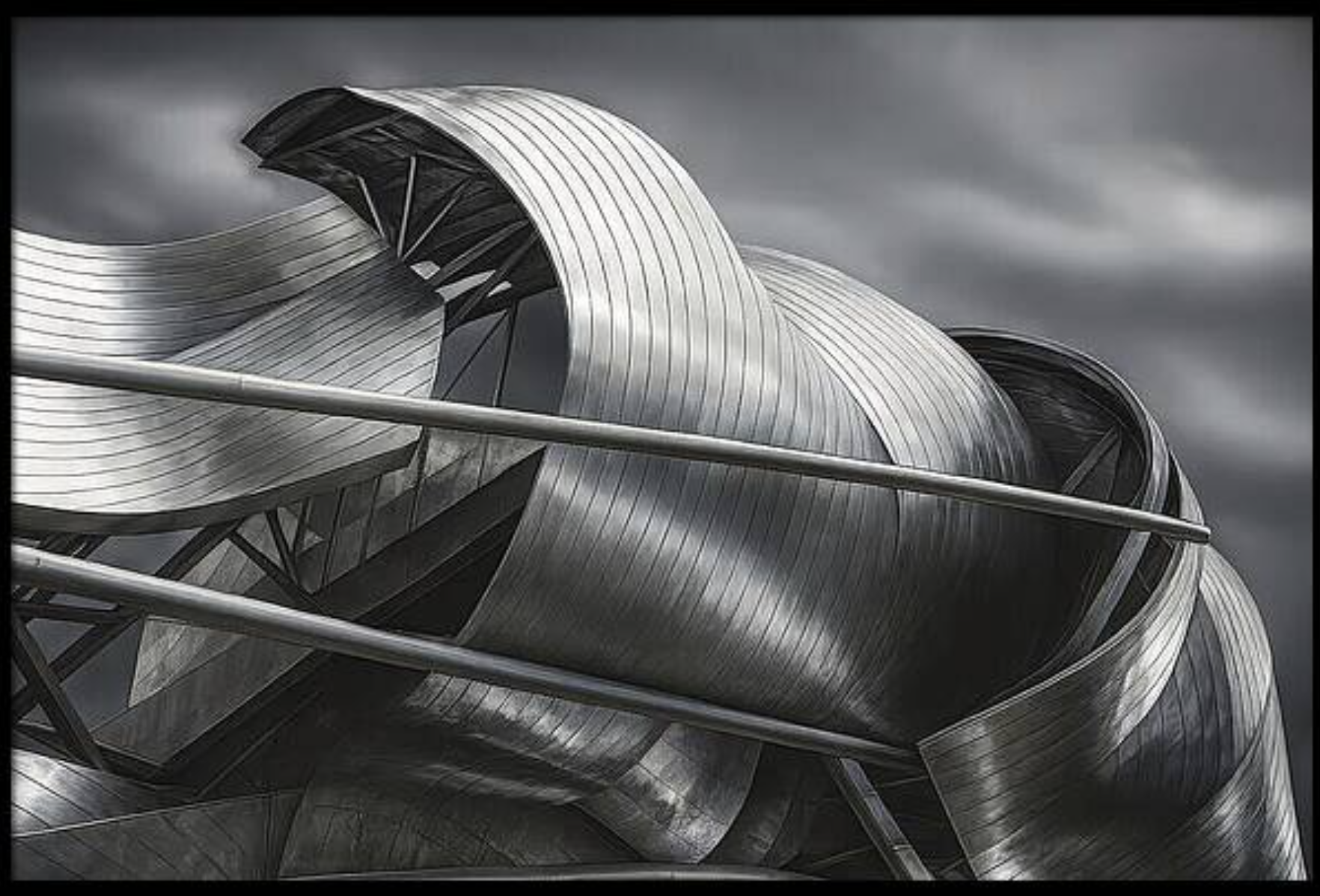 Black-and-white photograph of Frank Gehry's Pritzker Pavilion in Chicago