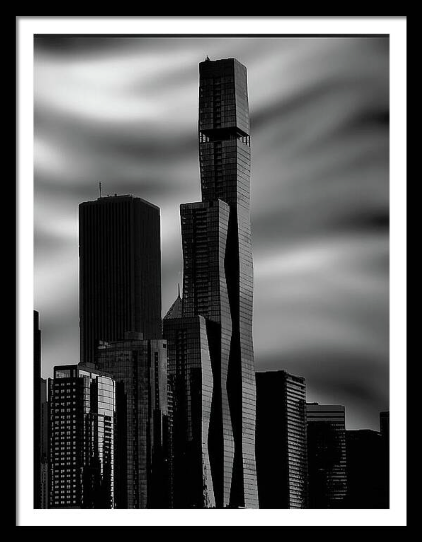 Black and white photo of modern skyscrapers in Chicago