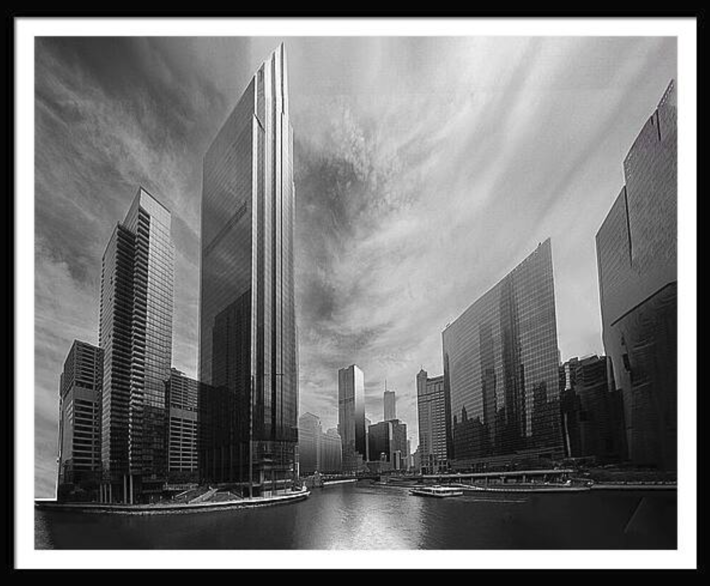 Black and white photo of tall modern skyscrapers along a waterfront, with a cloudy sky overhead.