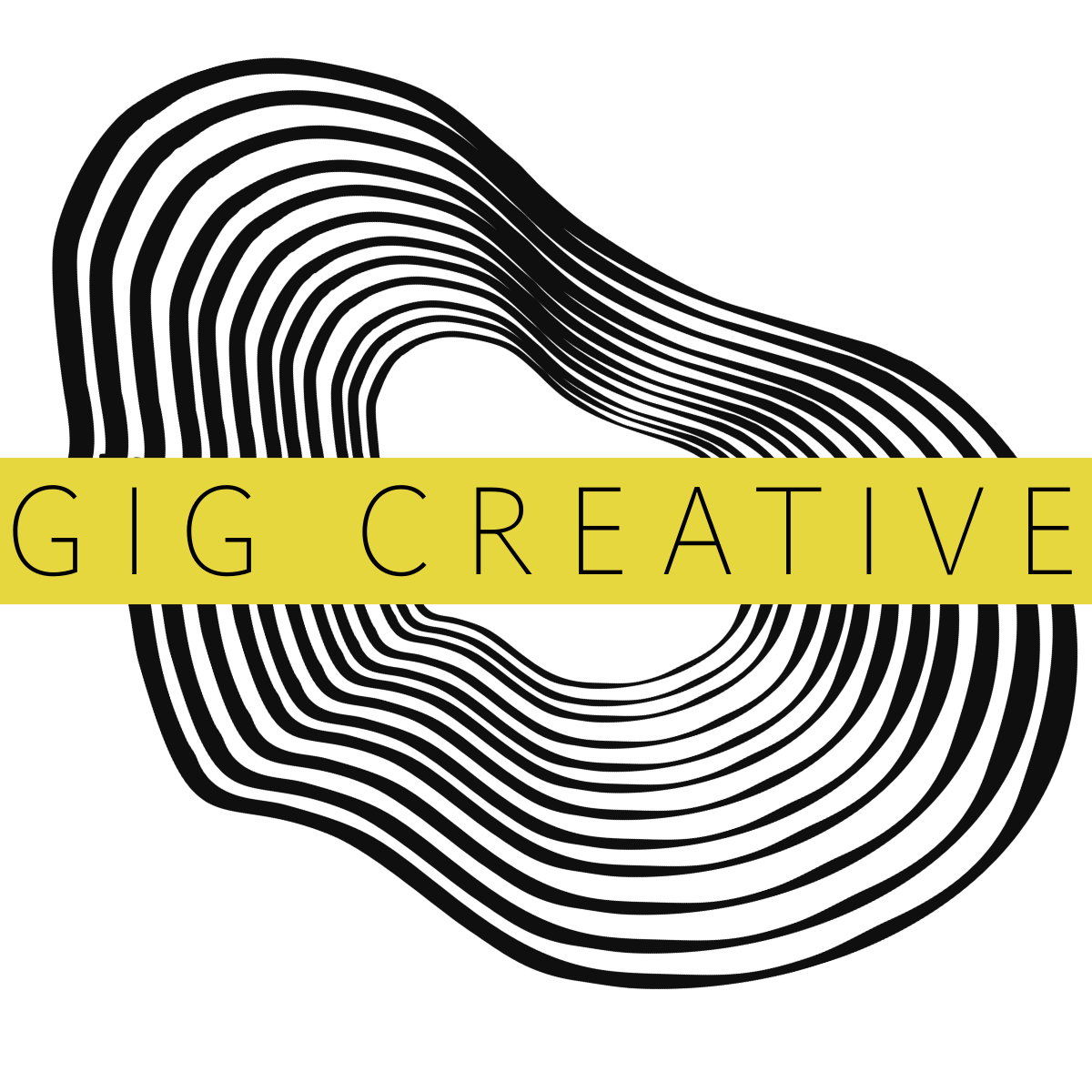 Black background with wavy lines and yellow bar across the middle with the text 'GIG CREATIVE'