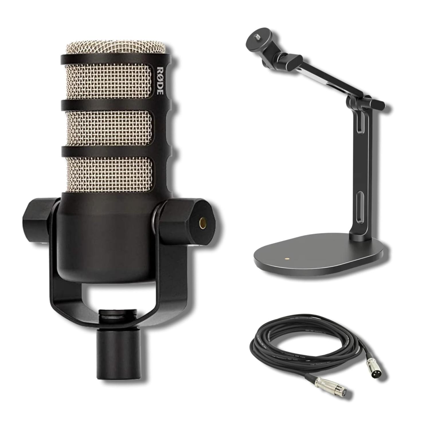RØDE PodMic Dynamic Broadcast Microphone with Rode Desk Stand 2 (DS2), XLR Cable, and StreamEye Polishing Cloth