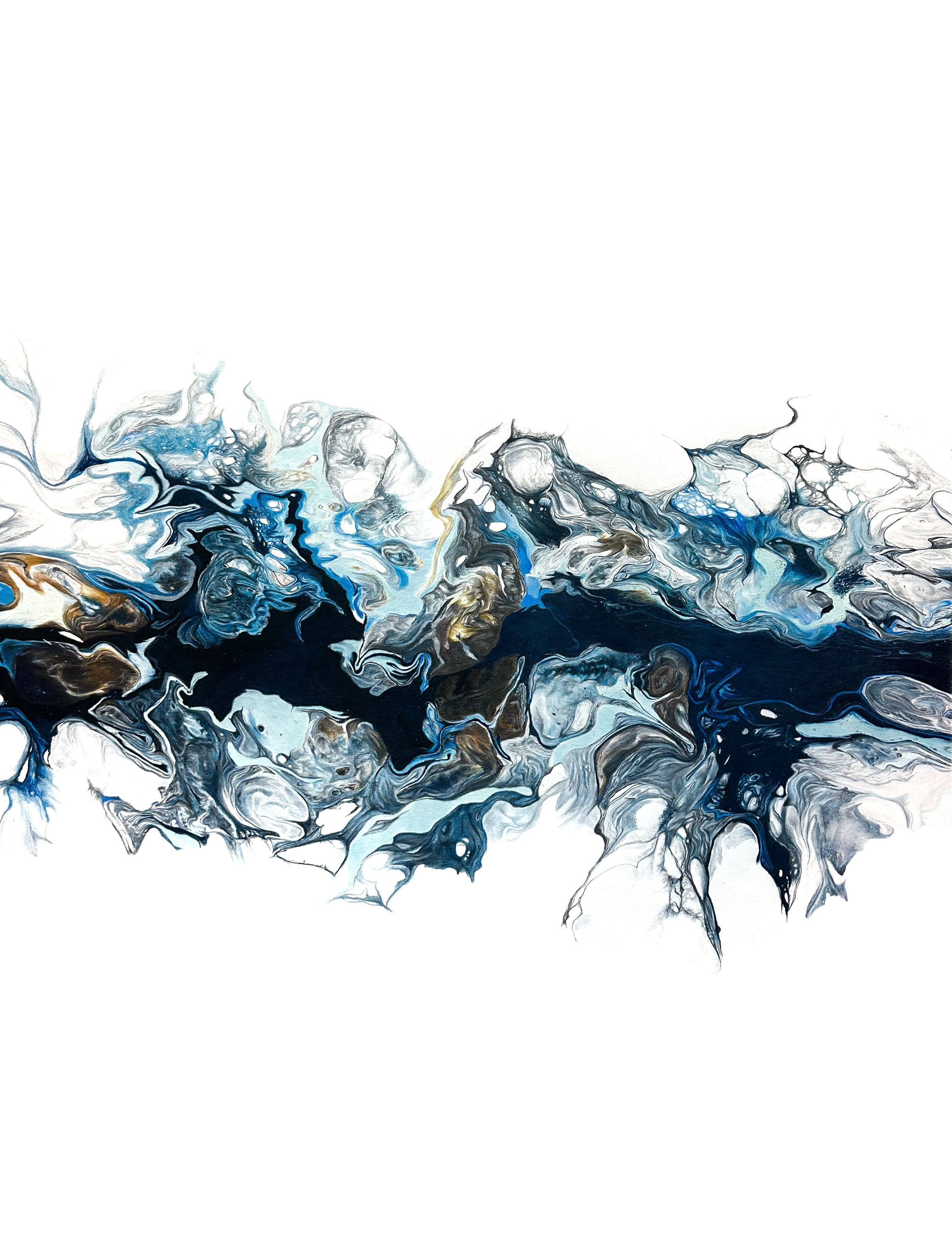 Abstract swirl painting with blue, black, white, and gold colors.