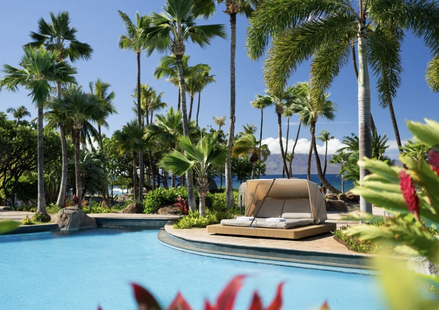 Swimming pool surrounded by tropical palm trees, lush green plants, and a cabana with lounge chairs, overlooking the ocean and mountains in the background on a sunny day.