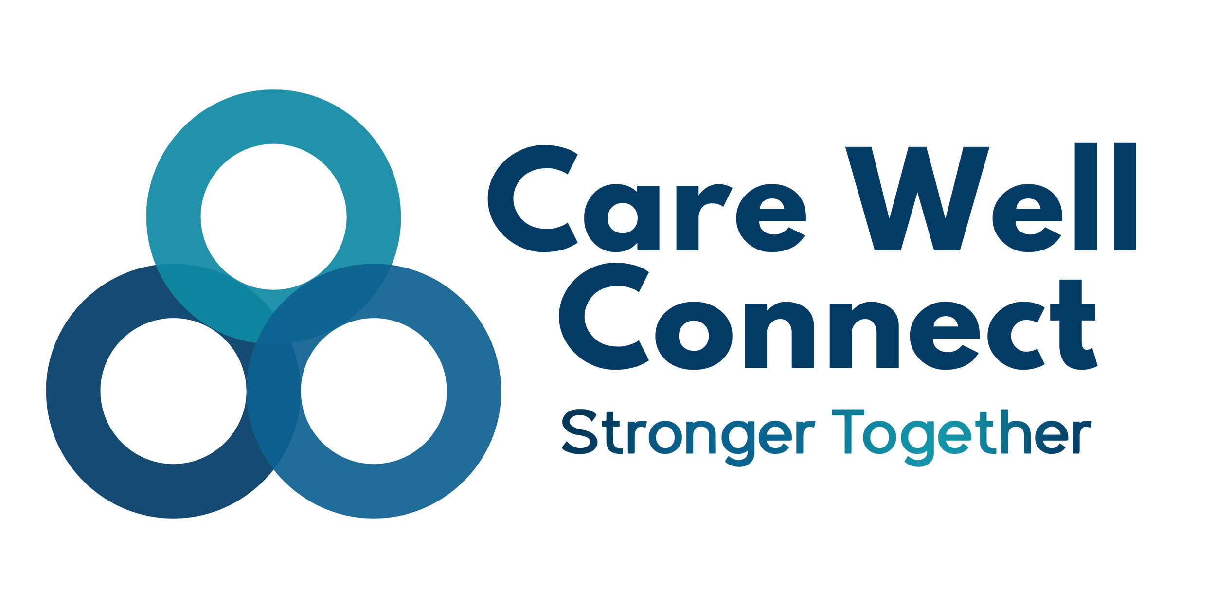 Logo with three overlapping blue circles and the text 'Care Well Connect' with the tagline 'Stronger Together' in blue.