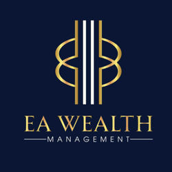 Logo for EA Wealth Management featuring a gold symbol with three vertical lines and circular elements on a dark background.