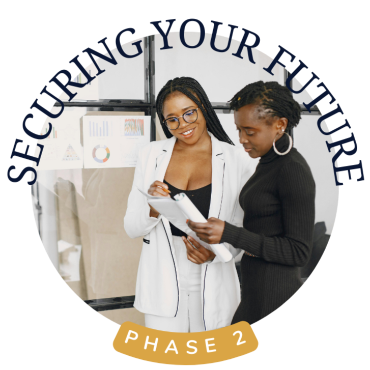 Two women looking at a tablet together in an office with charts and graphs on the wall. Text reads 'Succeeding Your Future' at the top and 'Phase 2' at the bottom.