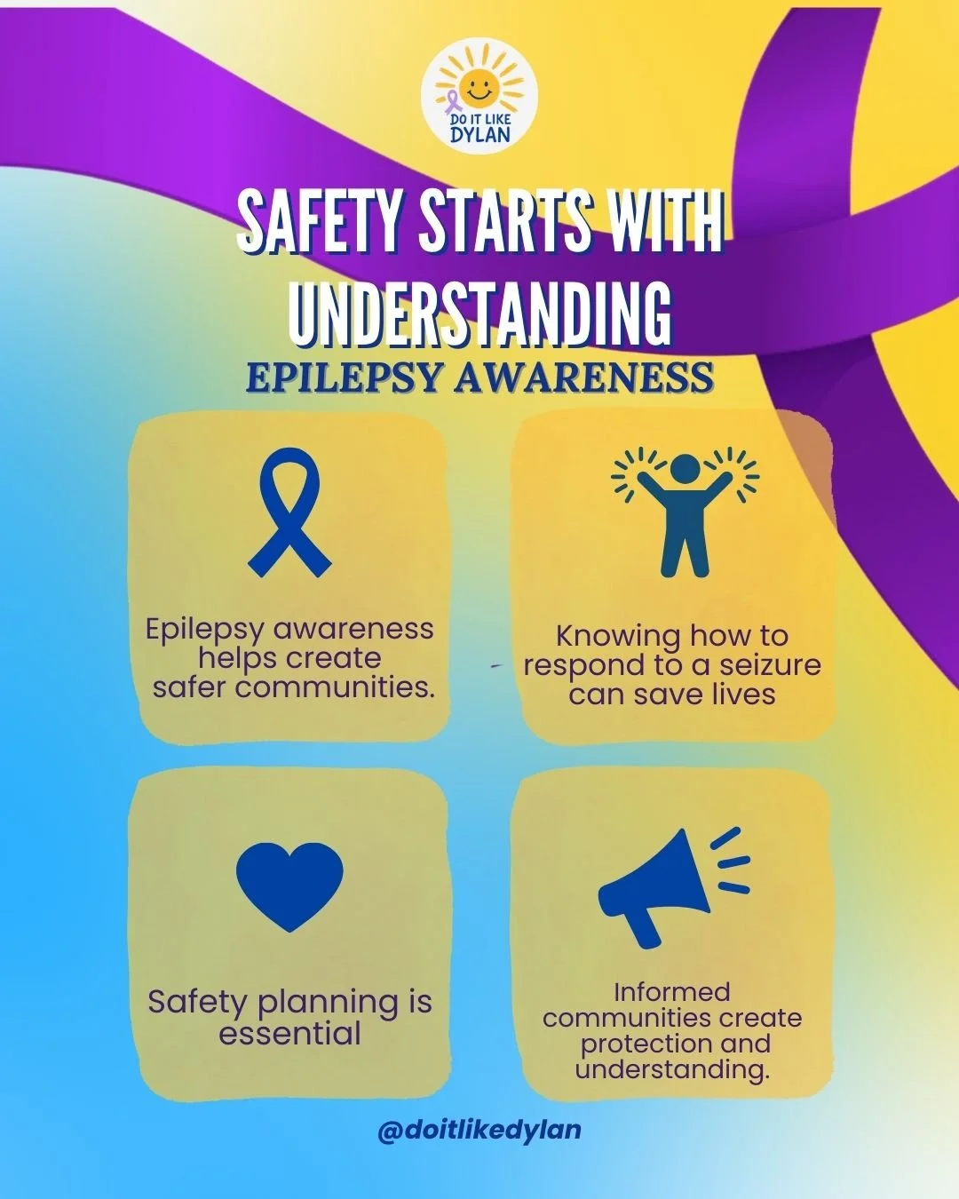 Epilepsy awareness matters. 

At Do It Like Dylan, we believe awareness leads to action and can save lives. Thank you for learning, listening, and standing with the epilepsy community.

#DoItLikeDylan #EpilepsyAwareness #SeizureAwareness #CommunityEd