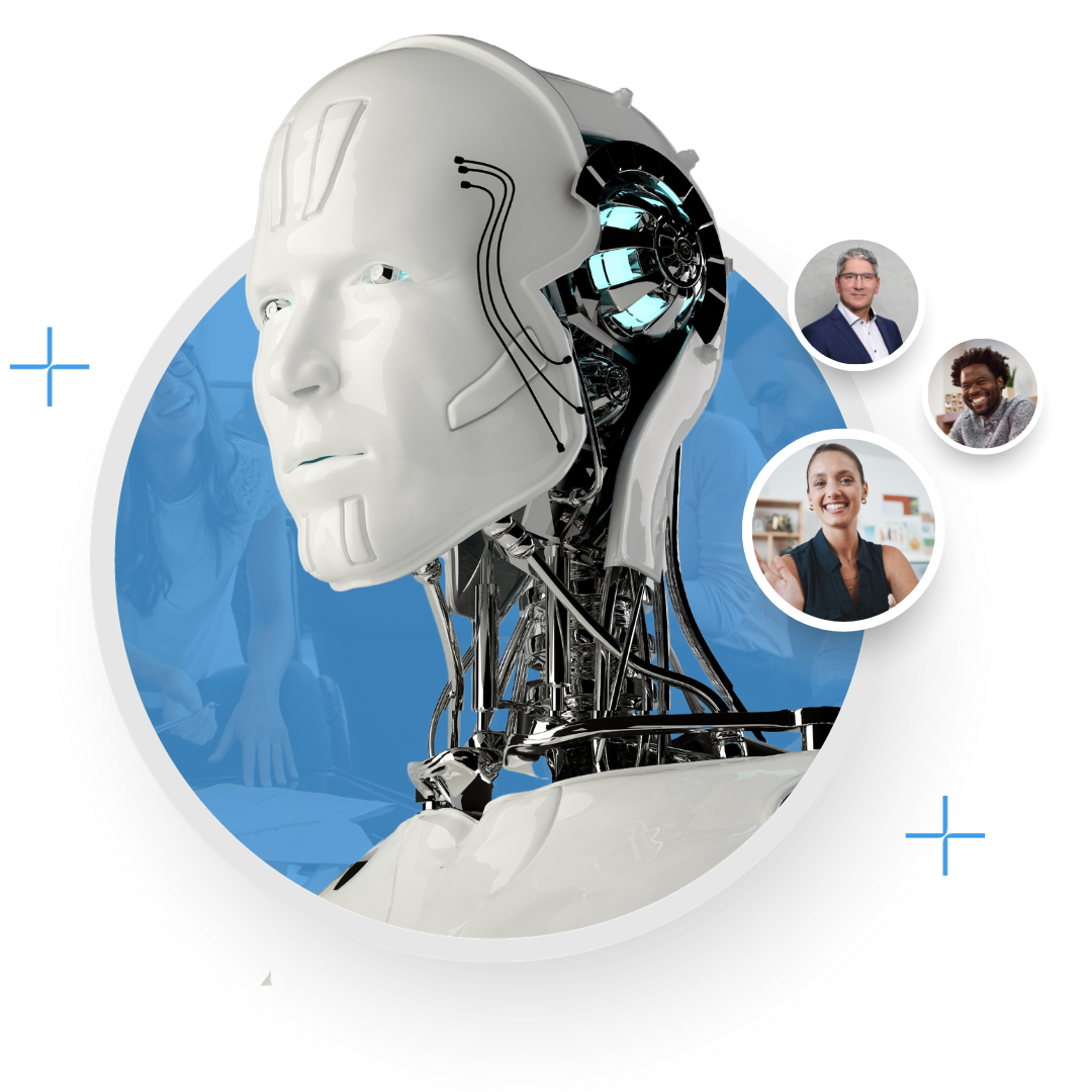 Robot with a human-like face and exposed mechanical components surrounded by small circular images of smiling people.