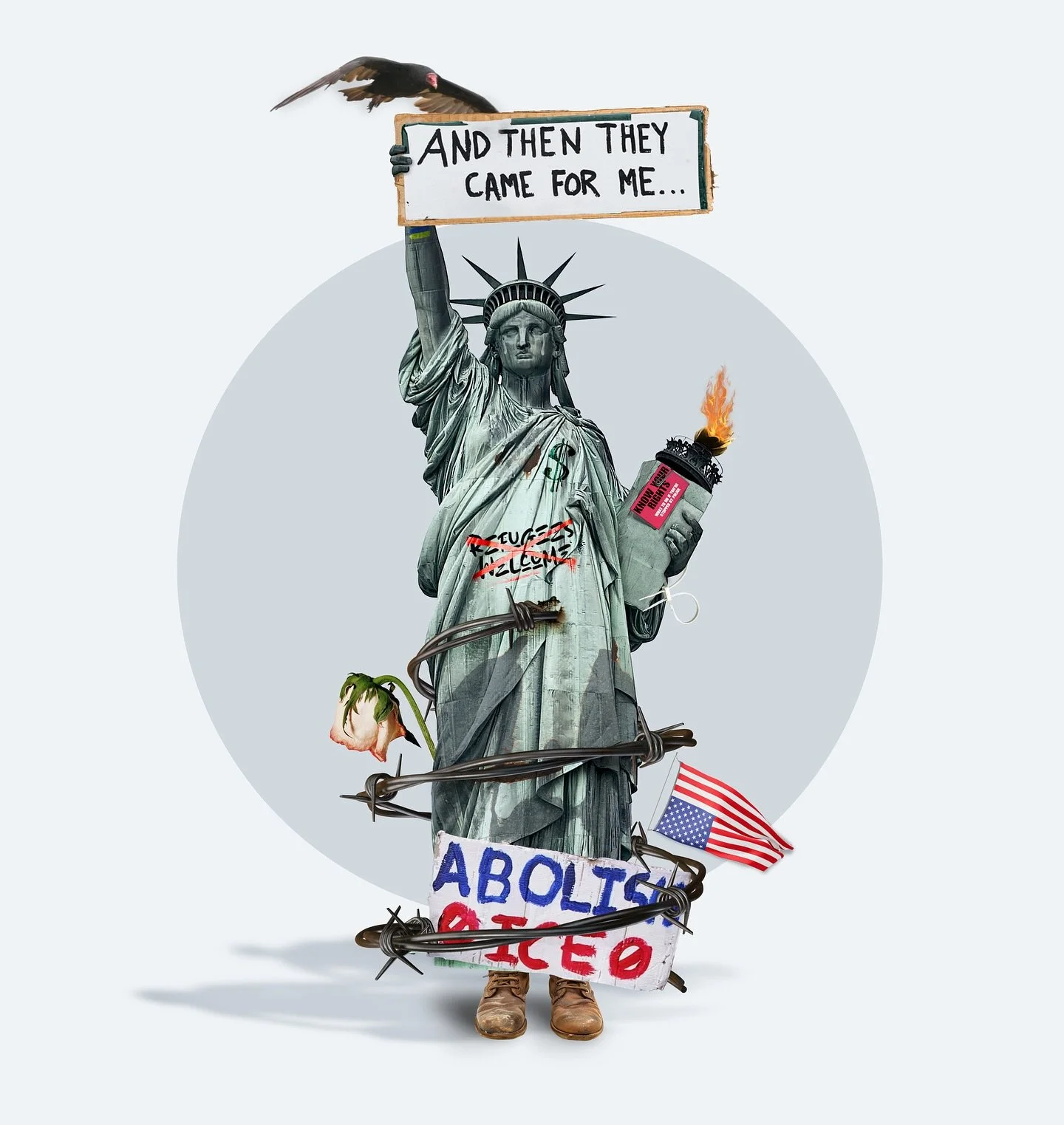 She&rsquo;s not holding the torch high anymore. It&rsquo;s burning quietly in a paper bag, beside a red card and the last pieces of her dignity. The facade is rusted, the boots are worn, and the refugees are unwelcome. ICE is loose on the streets and