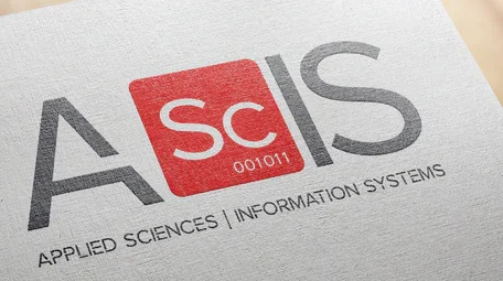 Close-up of a logo for Applied Sciences Information Systems, with the word 'ASIS' and the red square in the center.