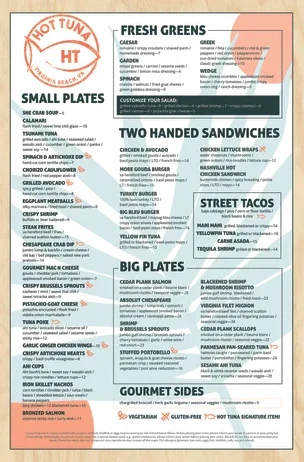 Menu featuring small plates, two-handed sandwiches, street tacos, big plates, and gourmet sides with item names and descriptions