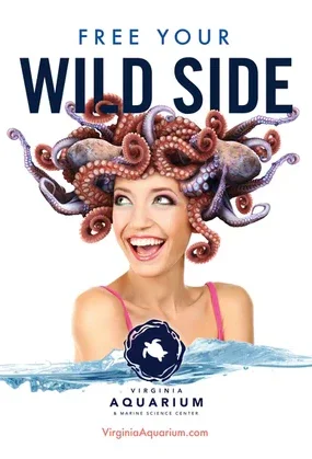 A woman with an octopus on her head smiling, advertising Virginia Aquarium to free your wild side.