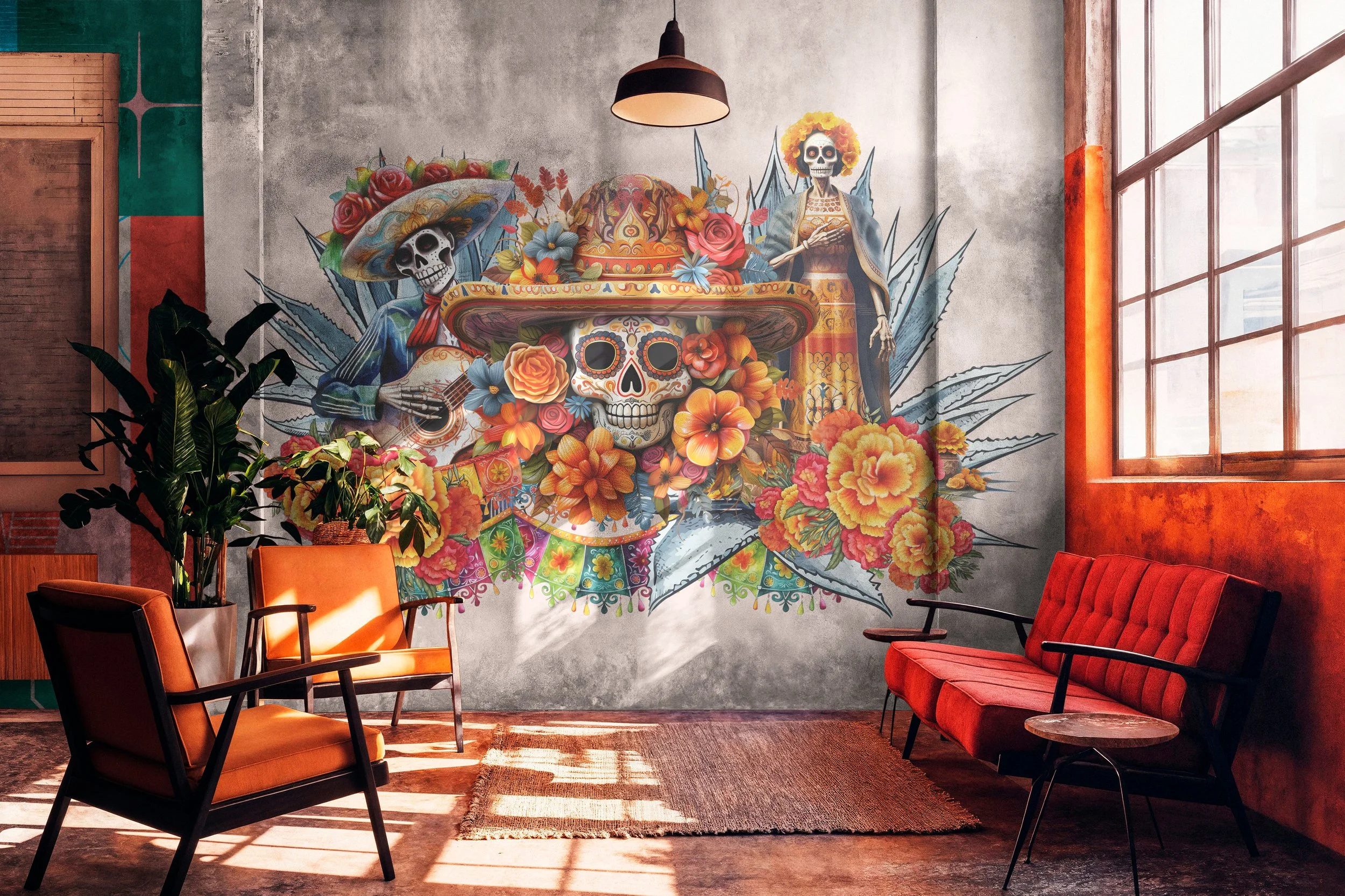 Interior room with colorful Día de los Muertos mural featuring decorated skulls, flowers, and skeletons, with orange chairs and natural light from a large window.