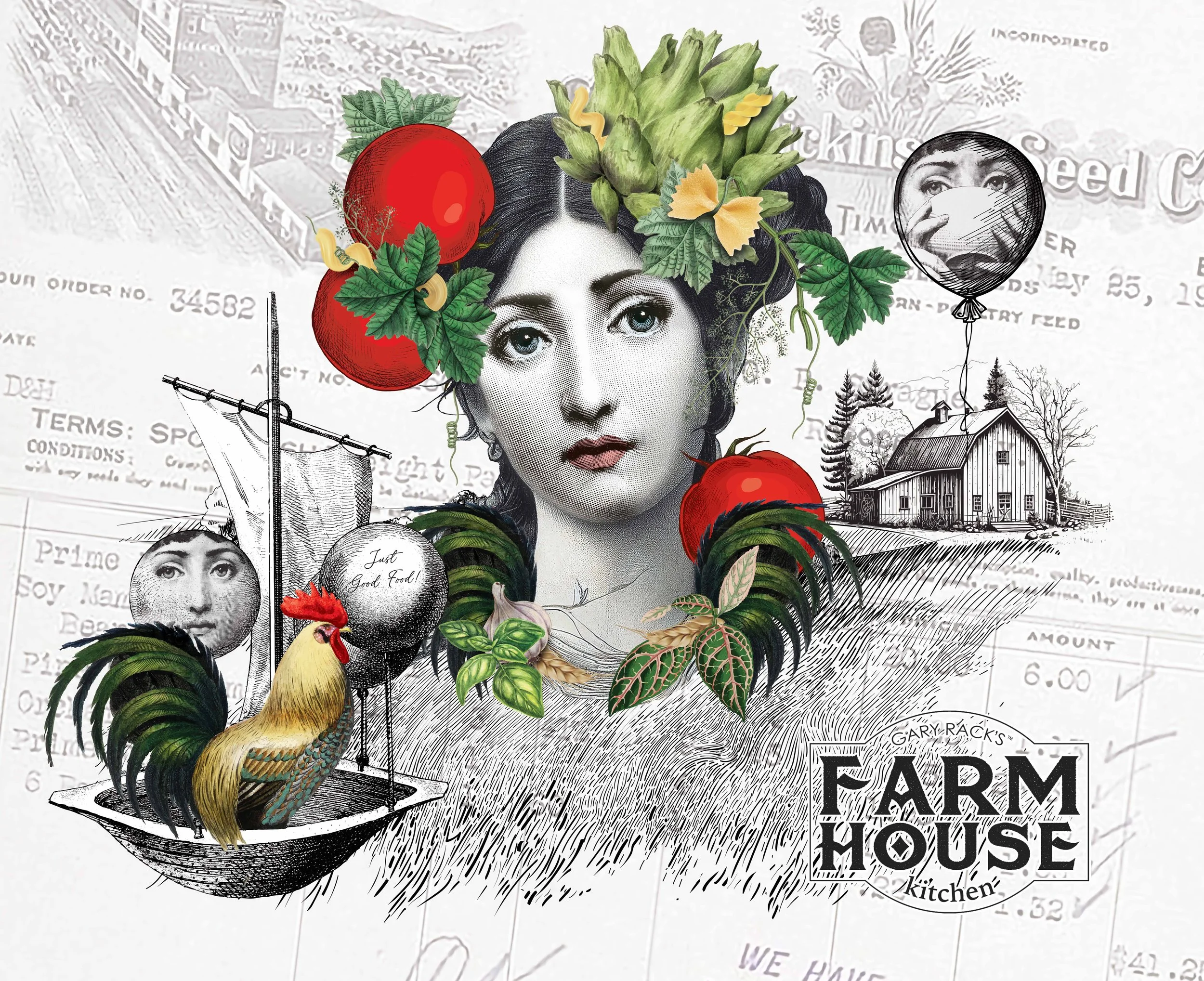Illustration of a woman with a floral headdress, surrounded by apples, a rooster, and a house, with text indicating 'Garry Rack's Farm House Kitchen'.