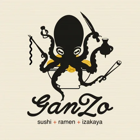 Logo of GanZo restaurant featuring a black octopus with multiple arms holding sushi, a knife, and a teapot, with the text "GanZo" and the words "sushi, ramen, izakaya" underneath.