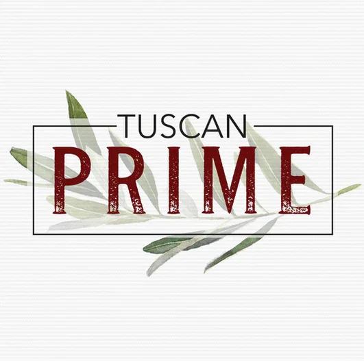 Logo for Tuscan Prime with green olive branches in the background.