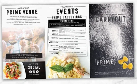 A printed flyer for Tuscan Prime, advertising events and carryout options. It includes a section for prime happenings on Sunday through Saturday, with details about various events. The flyer features images of wine glasses, pasta, and a salad.