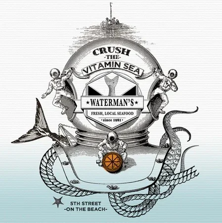 Vintage-style illustration advertising Waterman's seafood, featuring an anchor, octopus, fish, sailors, and a ship, with text promoting fresh local seafood since 1981 at 5th Street on the beach.