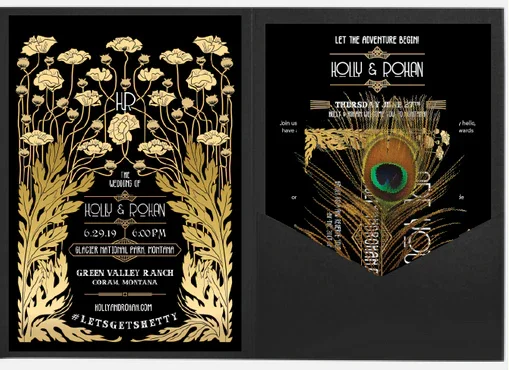 Wedding invitation with a black and gold floral design on the left and a peacock feather on the right. The invitation includes details for Holly and Rohan's wedding on June 29, 2019, at 6:00 PM at Glaicer National Park, Montana.