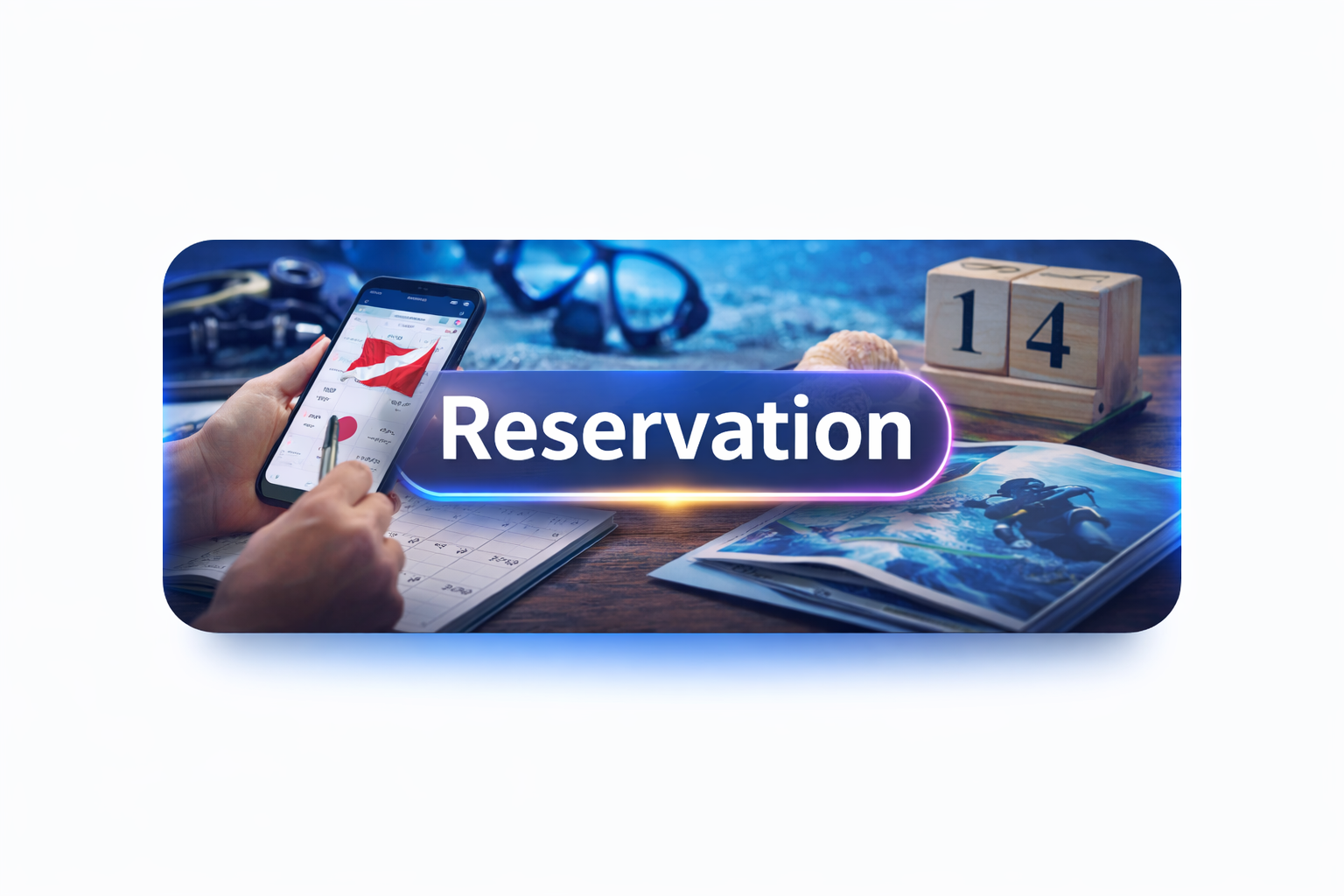 A digital graphic featuring the word 'Reservation' illuminated with colorful neon lights, a person holding a smartphone with a travel app, and travel-related items like a calendar, a map, and a photograph of an astronaut, suggesting planning and booking for a trip or vacation.