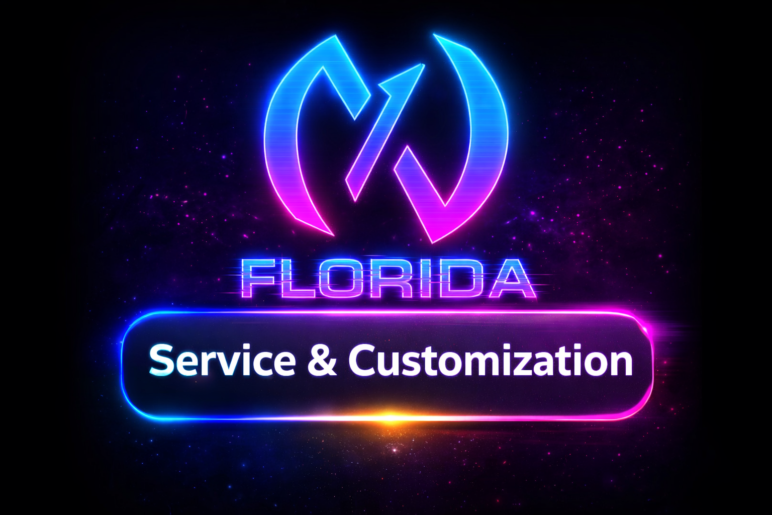 Neon sign with the words "Florida" and "Service & Customization" in glowing blue and pink colors, with a stylized logo above and a colorful starfield background.