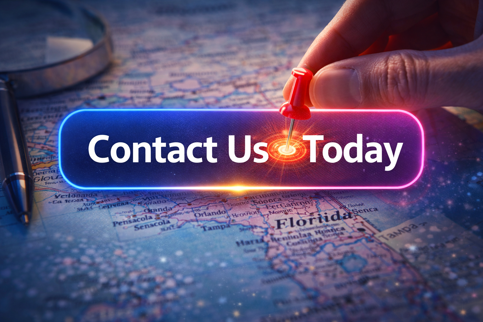 Map of Florida with a glowing "Contact Us Today" button, a finger pinning it, and a pen nearby.