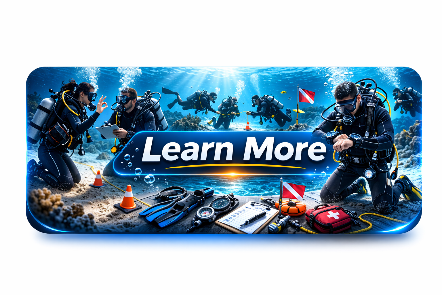 Scuba divers training underwater with equipment and instructors, with a prominent 'Learn More' banner.