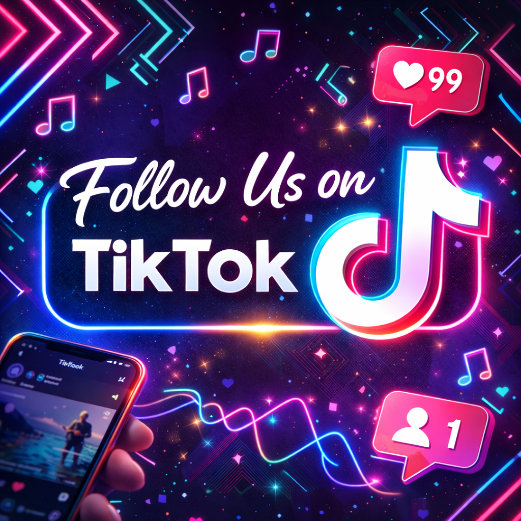 Colorful digital graphic encouraging viewers to follow TikTok, featuring musical notes, social media icons, and notification symbols.