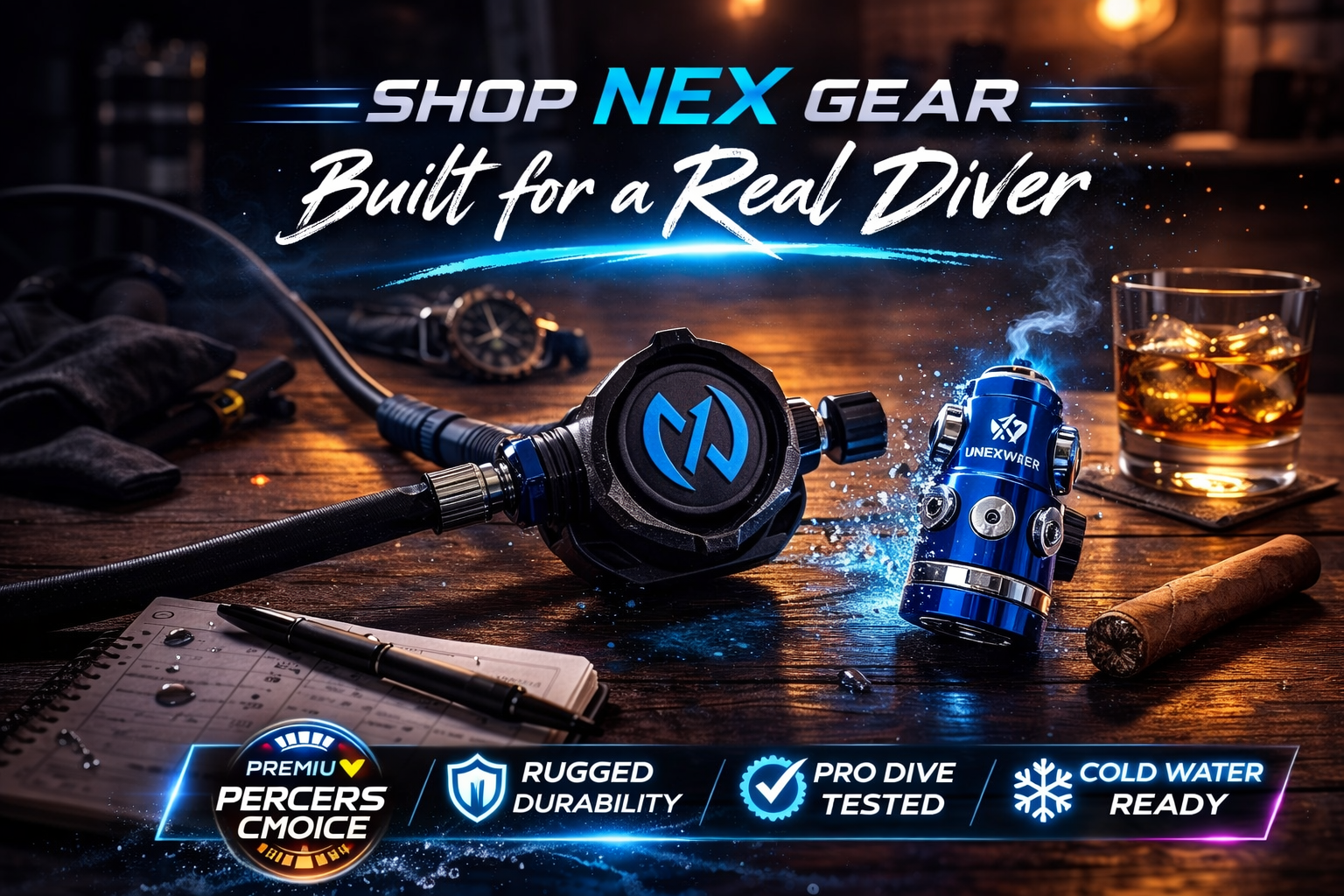 Advertisement for NEX gear for divers showing a regulator, a pressure gauge, a diving watch, a glass of whiskey with ice, a cigar, and promotional text highlighting durability, testing, and cold water readiness.
