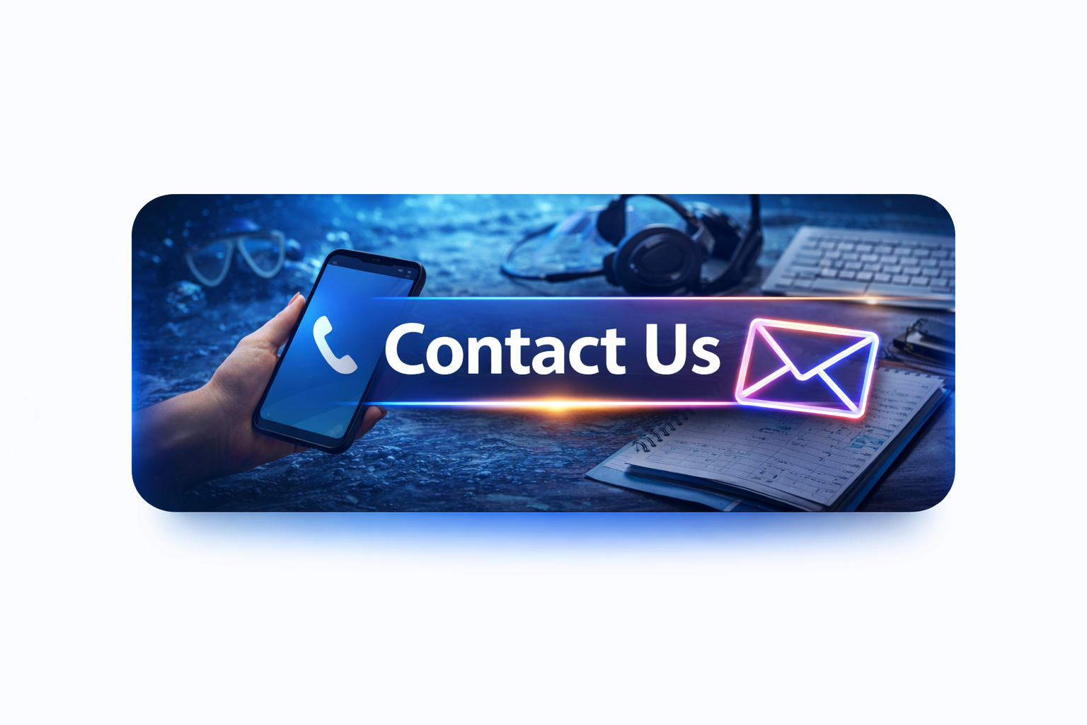 Neon sign with a phone display showing a call icon and the words 'Contact Us,' with an email icon, placed on a desk with a keyboard, headset, goggles, and papers.