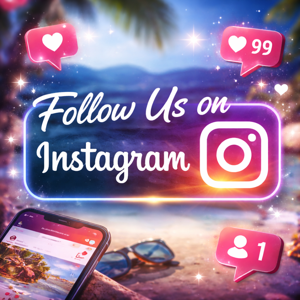 Digital overlay promoting following on Instagram, with icons showing likes, followers, and a phone displaying an Instagram profile, set against a beach scene with sunglasses, palm trees, and star-like sparkles.