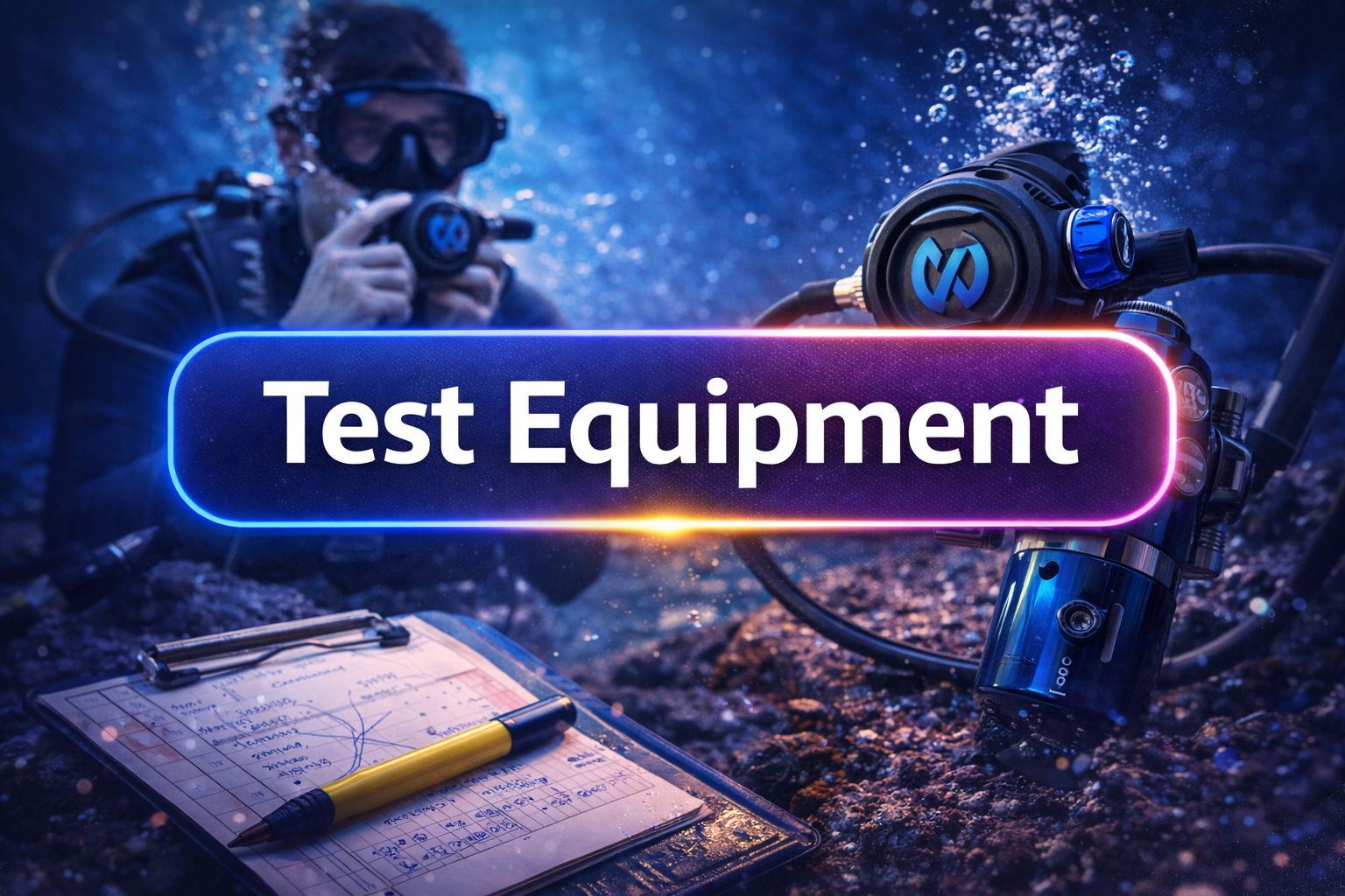 Underwater scene showing a scuba diver taking a photo, with test equipment and a clipboard with notes in the foreground and a neon "Test Equipment" sign overlay.