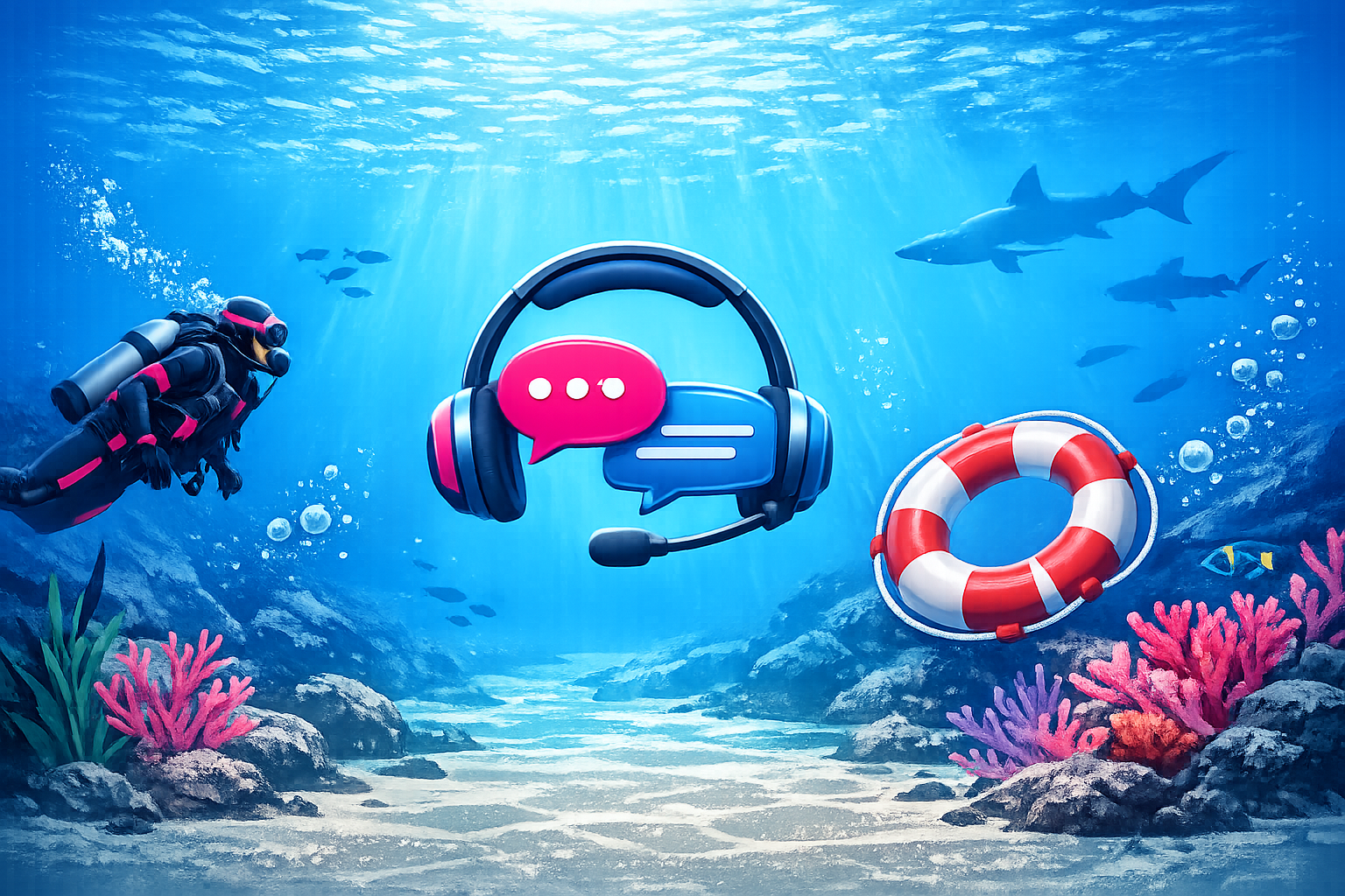 An underwater scene with a scuba diver, a life preserver, and a headset with speech bubbles floating in the water, surrounded by colorful coral and fish.