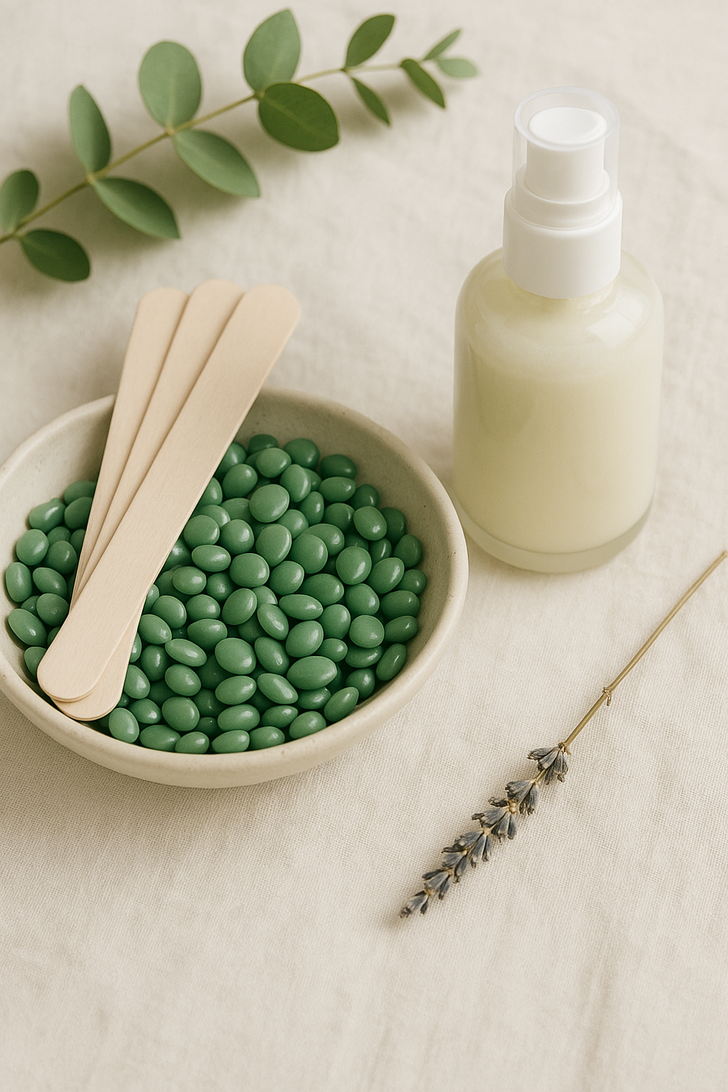 A bowl of green hard wax beads with three wooden waxing sticks resting on top, a sprig of green leaves, a spray bottle with white lotion, and a dried lavender stem on a light-colored fabric surface.
