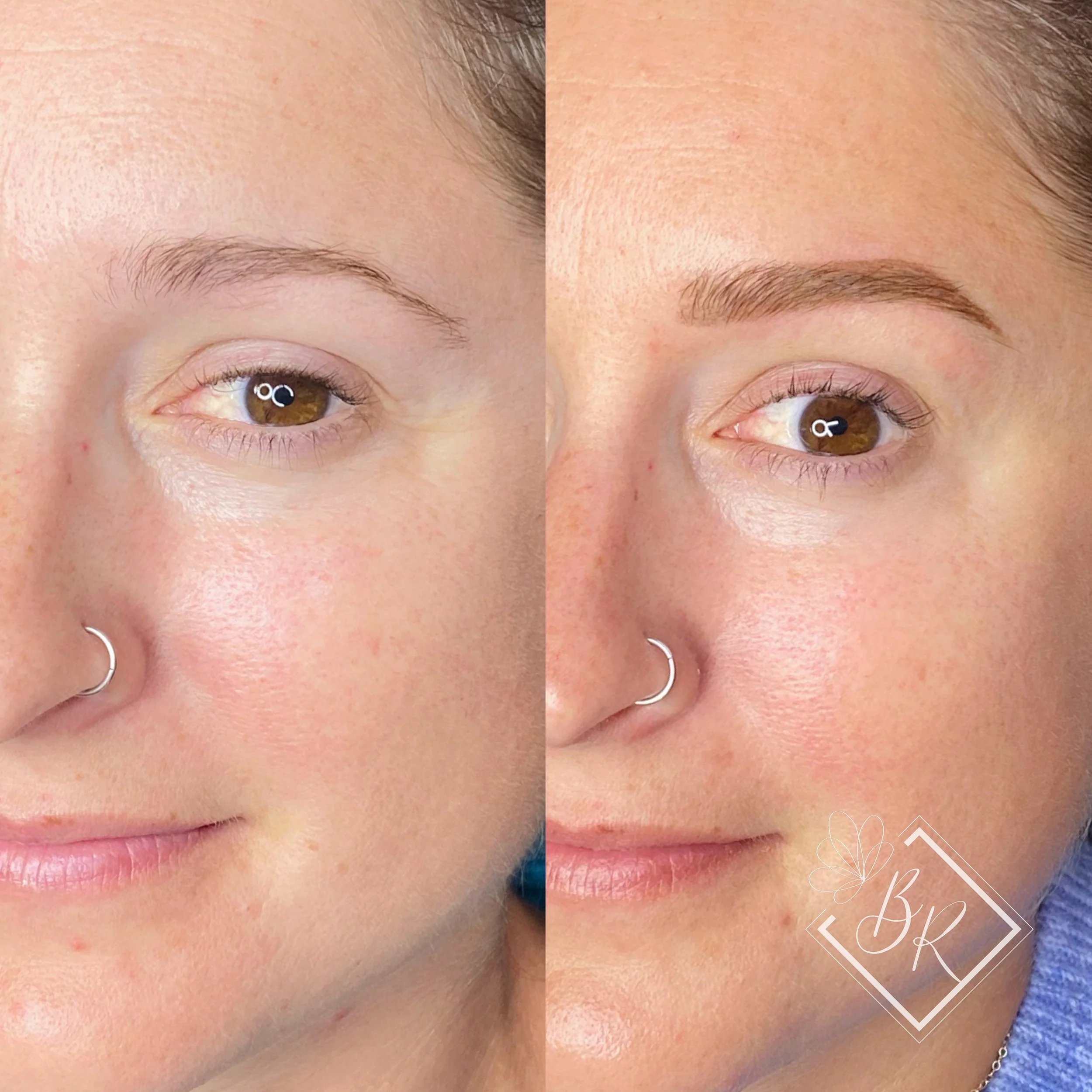 Close-up of a woman's face showing a before-and-after comparison of powder brow tattoo with improved eyebrow shape and color on the right side.