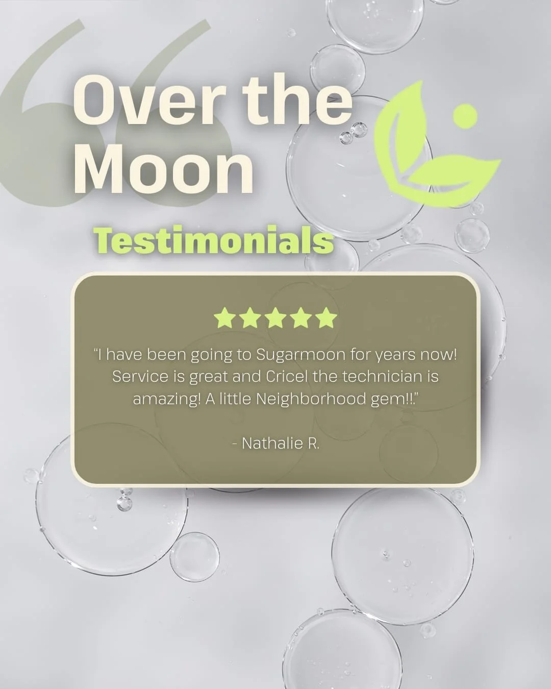 Testimonial Tuesday ✨🌙

Each review, message, and smile from our guests fills our hearts. Thank you for trusting Sugarmoon&reg; to care for your skin and self-care rituals.

Ready to experience it for yourself? Visit any Sugarmoon&reg; location and 