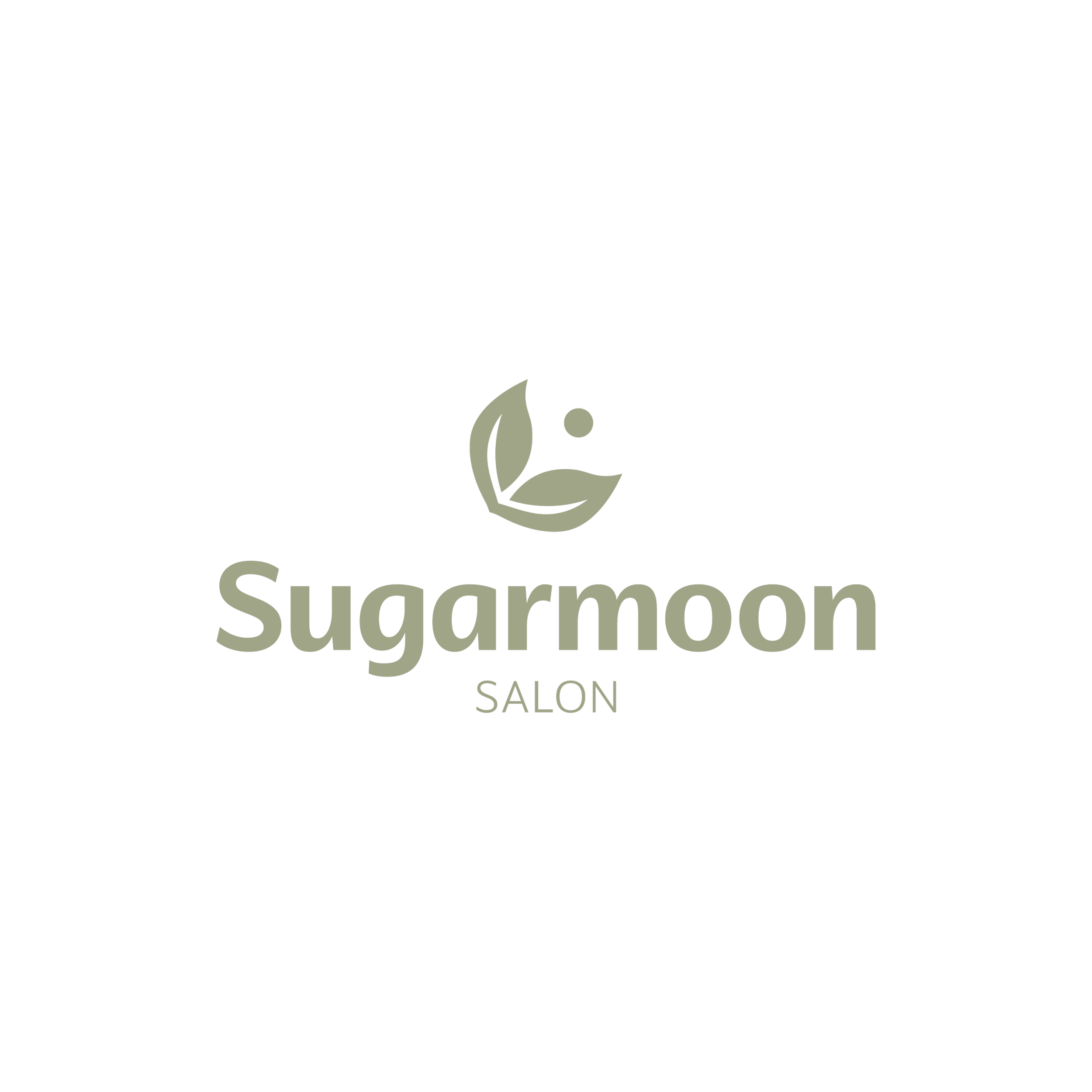 Logo of Sugarmoon Salon featuring a stylized leaf and droplet symbol in green, with the name Sugarmoon Salon written below in green text.