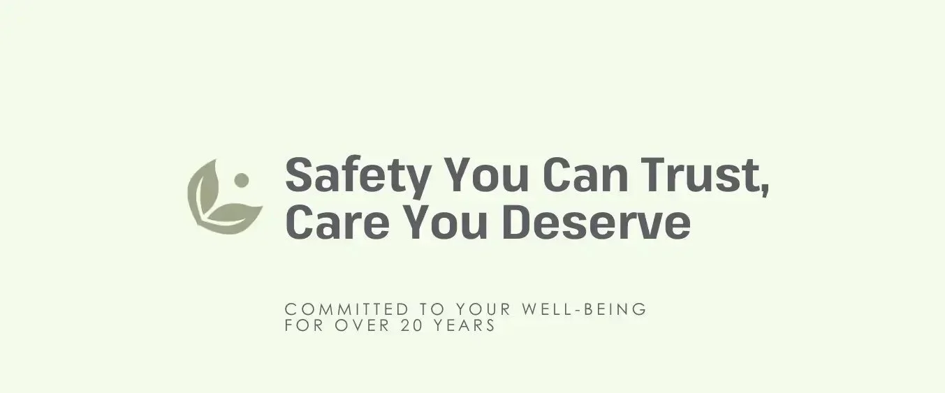 A light green background with a Sugarmoon Salon logo of a leaf and circle, and text that reads: "Safety You Can Trust, Care You Deserve. Committed to your well-being for over 20 years."