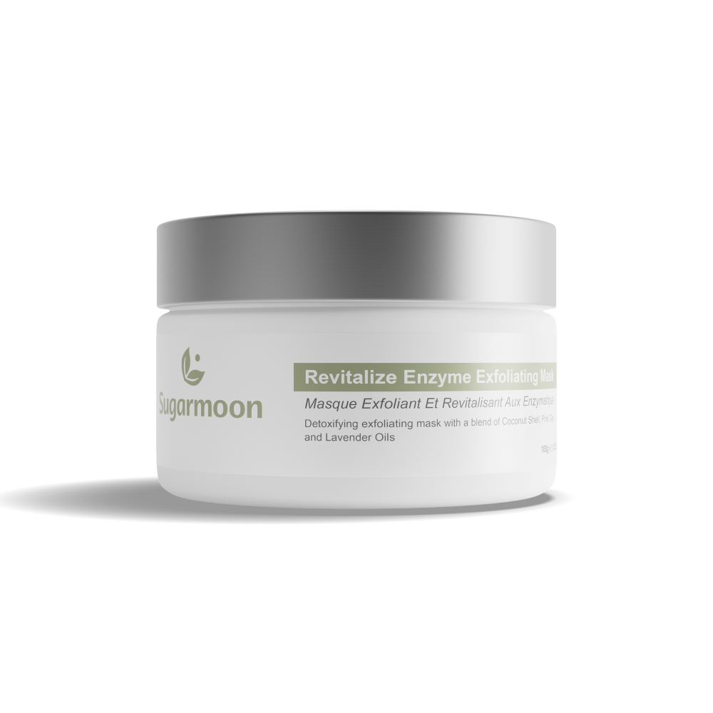A white jar of Sugarmoon Revitalize Enzyme Exfoliating Mask with a silver lid on a black background.