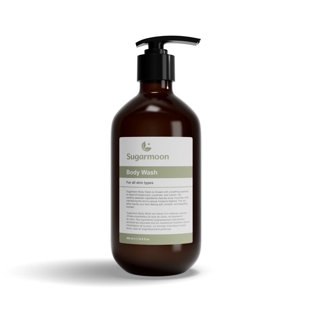 A brown bottle of Sugarmoon Body Wash with a black pump dispenser, labeled for all skin types, containing 16.9 fl oz of product.