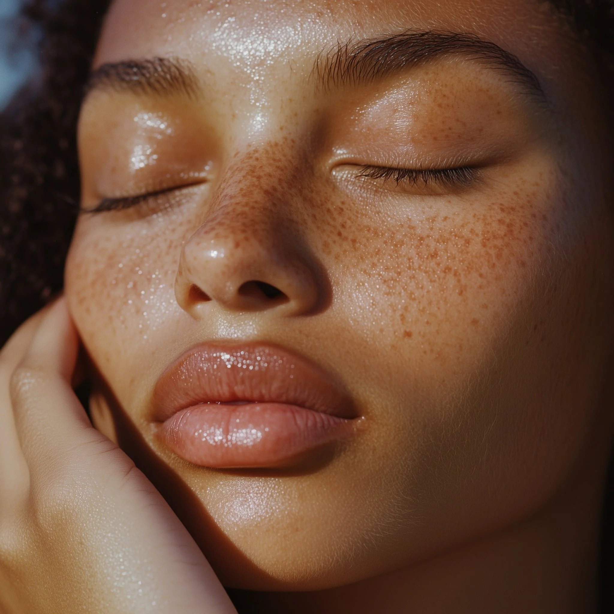 Close-up of a woman's face with closed eyes, showing smooth, dewy skin and prominent freckles on her cheeks and nose.