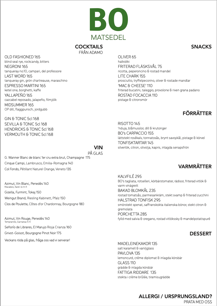 Menu titled 'BO MATSEDEL' with sections for Cocktails, Snacks, Starters, Main Courses, Wines by Glass, Desserts, and Vegetarians, written in Swedish and English.
