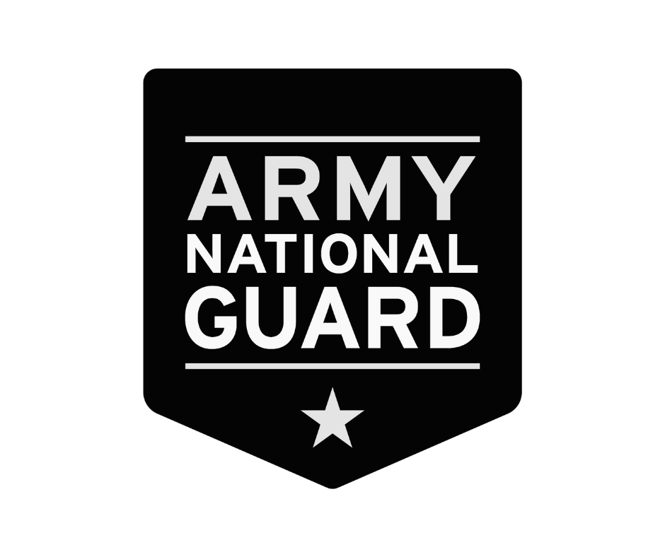 Black background with a shield-shaped emblem containing the words "Army National Guard" and a star at the bottom in white text.