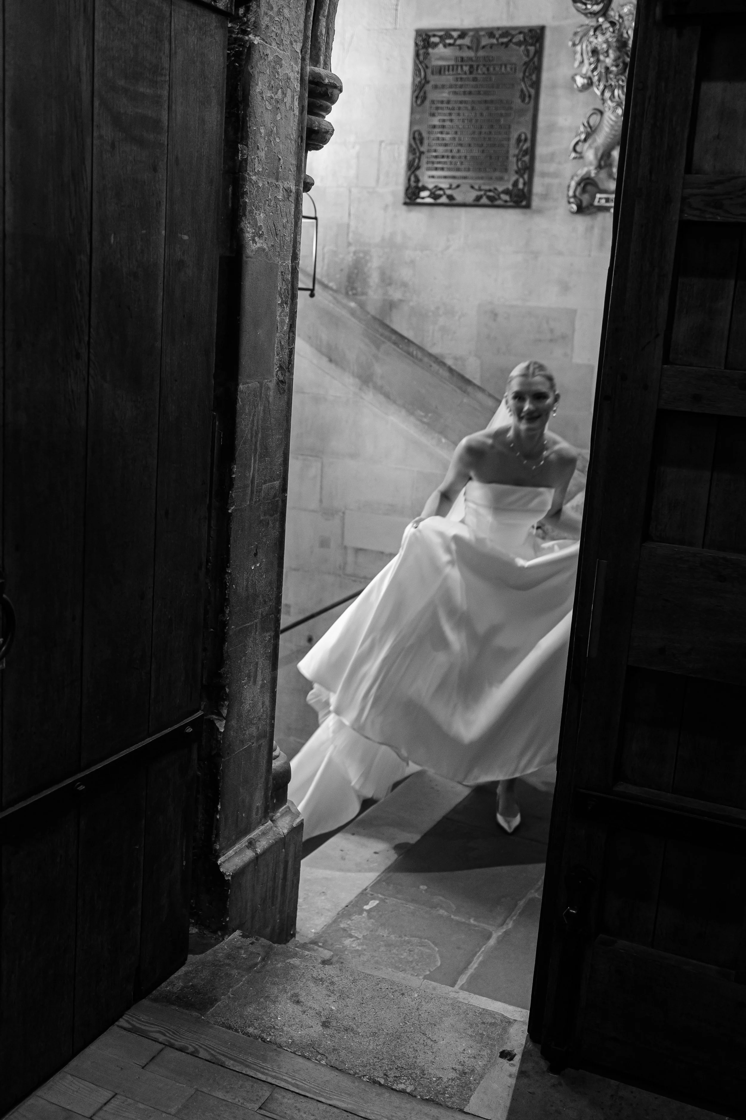 bride in big white dress in church
